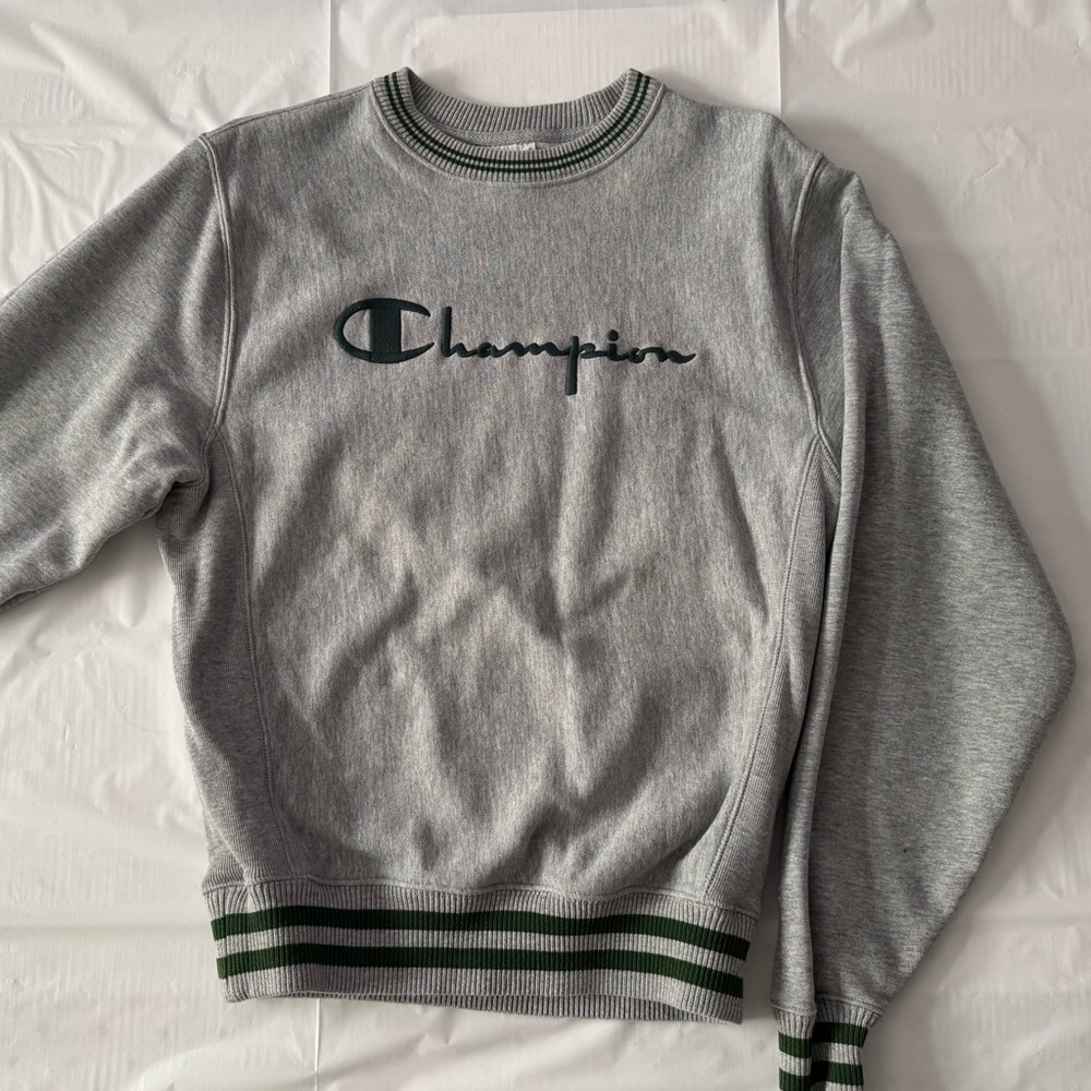 Champion Gray Sweater with Green Accents